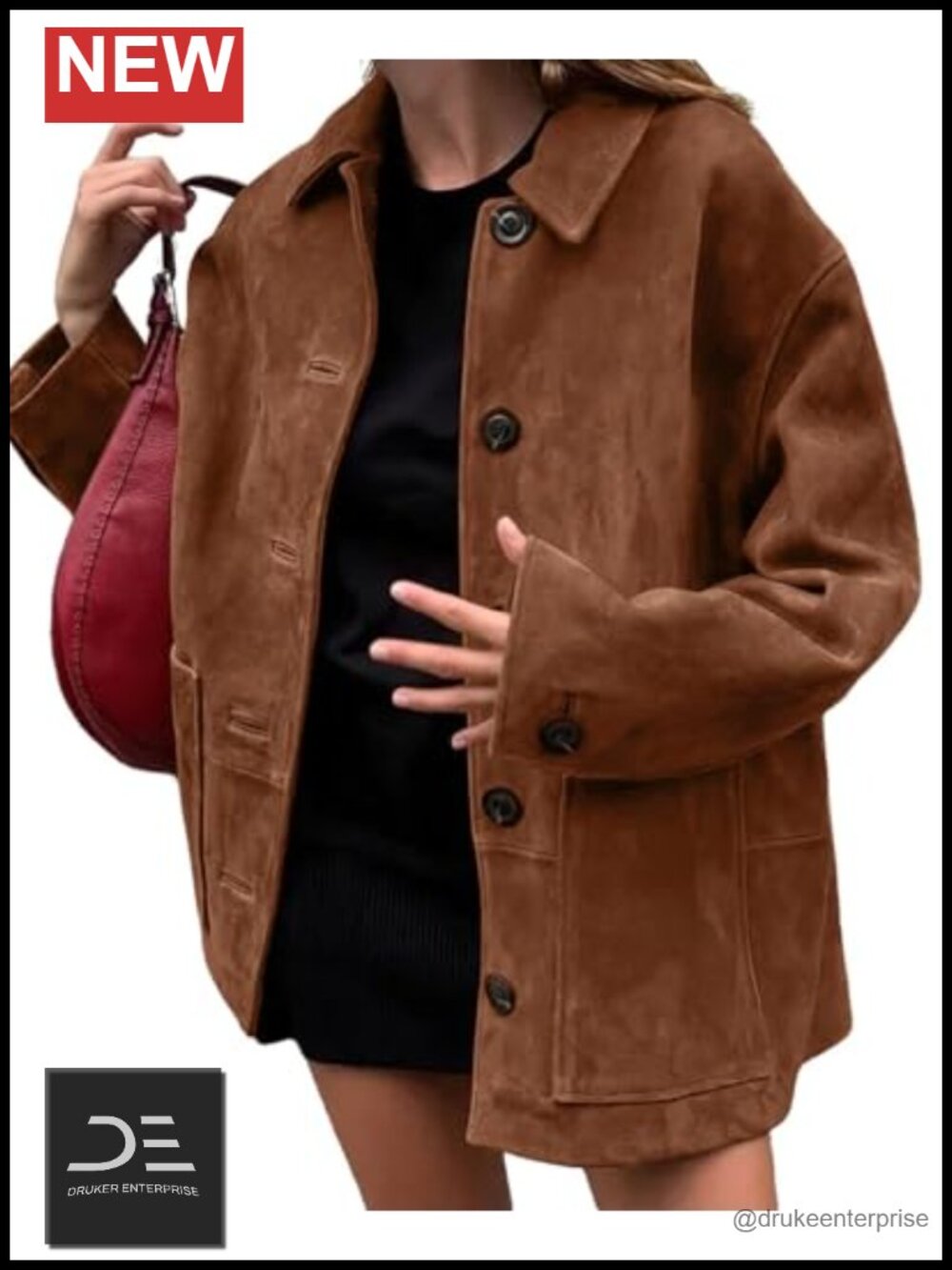 Women's Faux Suede Leather Midi Long Button Down Shacket Coat